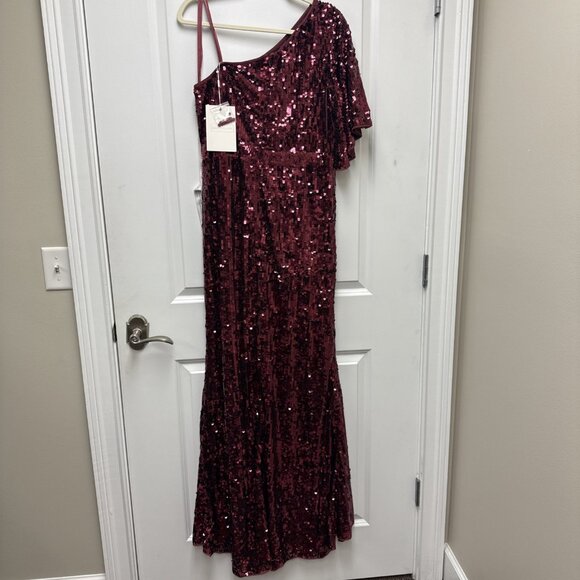 New Mac Duggal Size 16 Burgundy 93540 One-Shoulder Sequin Formal Gown Maxi Dress - Picture 12 of 12